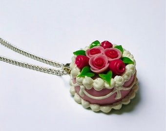 Pink Celebration Cake Necklace, Birthday Cake Pendant, Miniature Food Jewelry