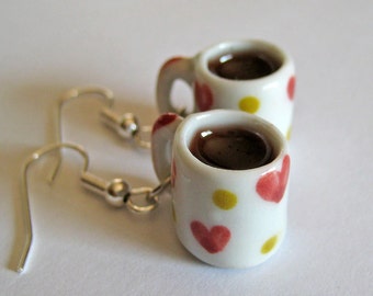 Cup of Coffee Heart Mug Earrings - Miniature Food Jewelry