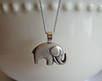 Silver Elephant Pendant Necklace - Lucky Charm Necklace, Button Jewelry, Elephant Jewelry
