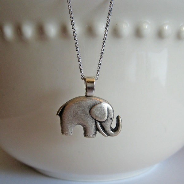 Silver Elephant Pendant Necklace - Lucky Charm Necklace, Button Jewelry, Elephant Jewelry