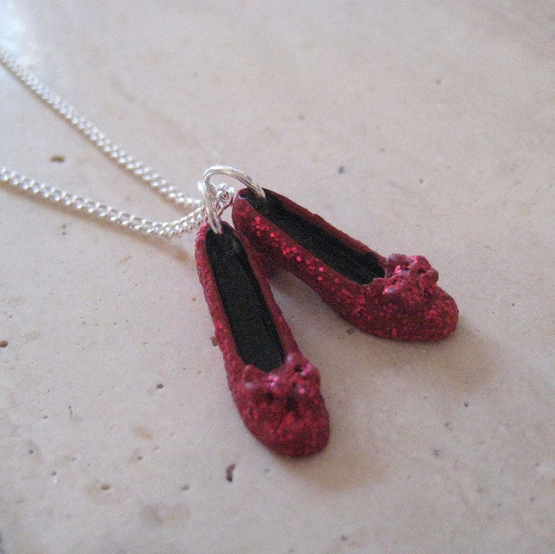 Glittered Ruby Red Slippers on Silver Plated Chain