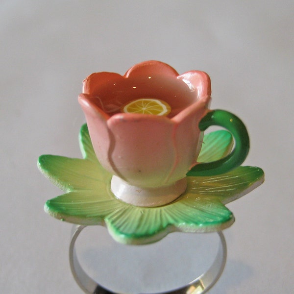 Food Jewelry - Tulip Teacup with Tea and Lemon Ring - Dollhouse Miniature Jewelry