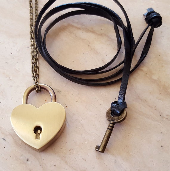 Bronze Heart Lock and Key Couples Necklace - Real Working Lock Pendant -  Couples Jewelry - Jewelry Set