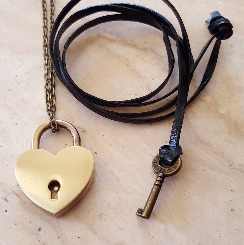 Bronze Heart Lock and Key Couples Necklace Real Working Lock Pendant Couples Jewelry Jewelry Set image 2