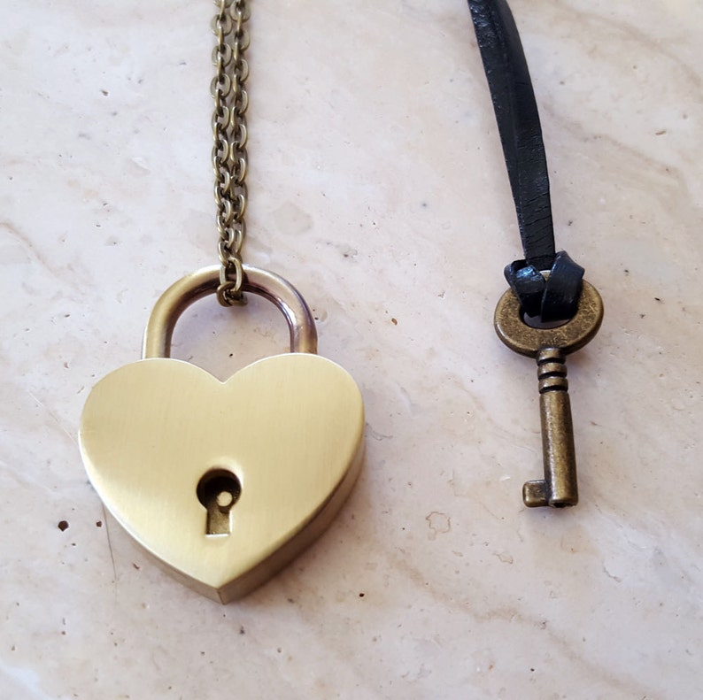 Bronze Heart Lock and Key Couples Necklace Real Working Lock Pendant Couples Jewelry Jewelry Set image 1