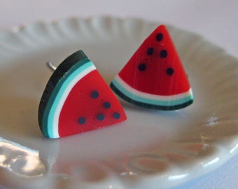 Watermelon Slice Stud Earrings - Food Jewelry - Polymer Clay