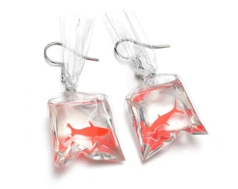 Pet Goldfish in a Bag Earrings - Carnival Goldfish - Kawaii Koi Fish Earrings - Mini Aquarium