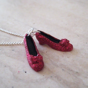 Glittered Ruby Red Slippers on Silver Plated Chain