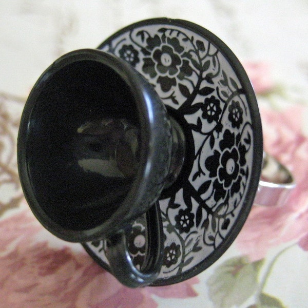 Black and White Victorian Tea Cup Adjustable Ring - Dollhouse Jewelry