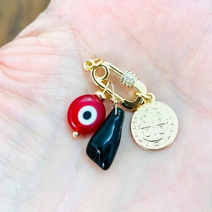 Multi charm protection pendant-18k gold plated Azabache hand,evil eye, Saint Benedict, safety pin necklace pendant talisman-favors gifts