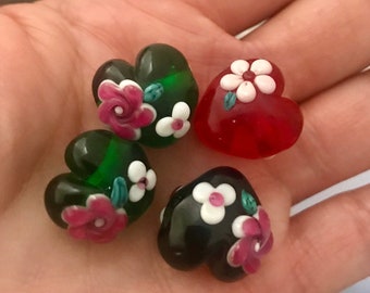 Vintage floral heart lampwork Glass beads-Floral Heart pendant-Heart Beads-heart Glass focal bead-Moretti Effetre artisan lampwork glass-