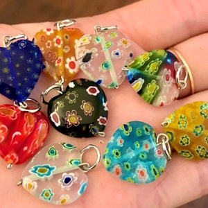 Large Millefiori Flat heart Glass pendant-Italian style Floral charm pendant-Rainbow multicolored Murrinas glass Heart pendant floral charms