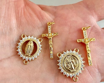 Venta de Cruz central de rosario con micropavé de circonita cúbica católica de oro mixto, crucifijos, conectores para medallas milagrosas de San Benito y kit para hacer rosarios.