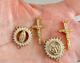 Sale Mix gold Catholic Micro Pave Cubic Zirconia Rosary Center cross, Crucifixes-St Benedict Miracle Medals connectors-Rosary making kit