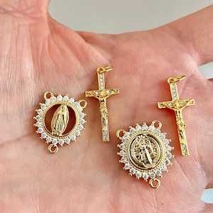 Sale Mix gold Catholic Micro Pave Cubic Zirconia Rosary Center cross, Crucifixes-St Benedict Miracle Medals connectors-Rosary making kit