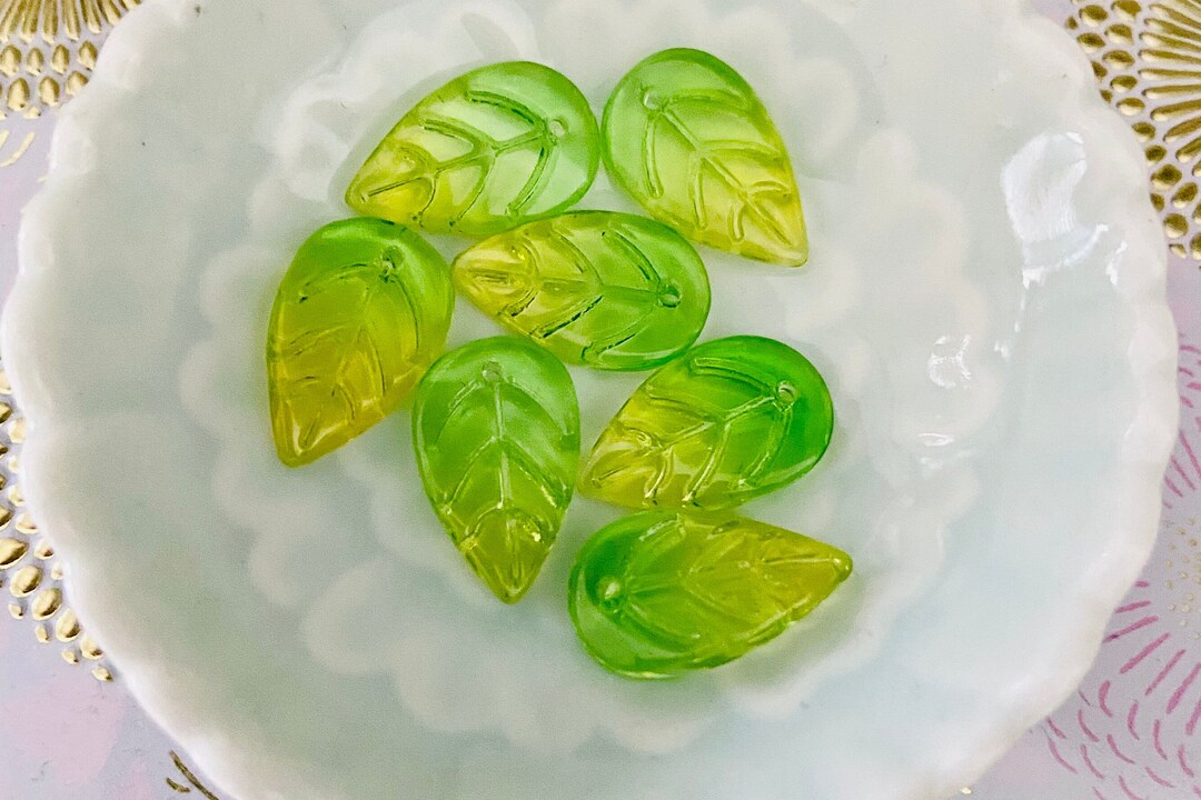 Green Lime Colors Leaves Glass Beadsmixed Colors Leaf Beads2 Etsy