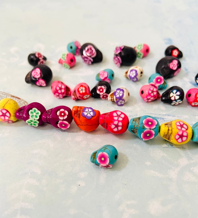 Sugar Skull Flower Eyes Beads- halloween beads-Multi-Colored embellished skull beads-dia de muertos beads, Mexican Folk, earrings making image 10