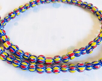 Red yellow blue striped round Glass Beads-round Chevron glass beads-Strand Nepalese beads-Bohemian hippie  fun bead-Ethnic tribal beads