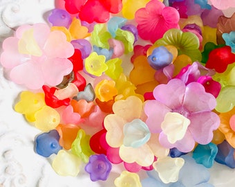 lucite blooms Assorted Lucite Matte MULTICOLORED Flowers leaves Beads- Sample pack Mix colored and shapes lucite blooms 10 to 45mm