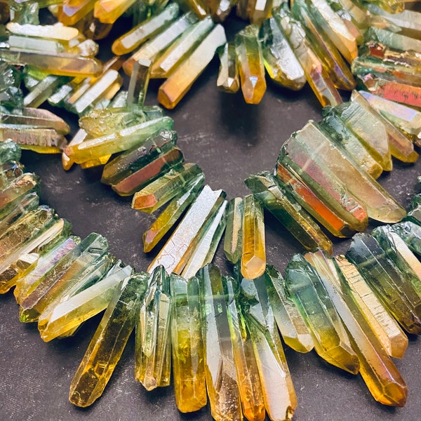 Sale Mystic quartz point Raw cut Free Form Green yellow Ab Crystal Titanium AB coated Stick beads strand,spires Top Drilled Tusk Spike