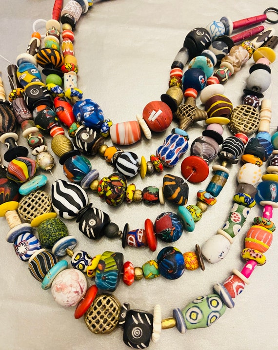 28 Slightly Graduated Mixed Krobo Tube Beads, Ethnic African Recycled Glass  Beads,boho Powder Glass Hand Painted Krobo Beads,african Beads 