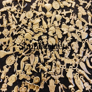 Wholesale 100 Mexican ex votos gold Milagros charms-assorted exvotos charms-lot Milagros charms-embellished charms-religious catholic charms