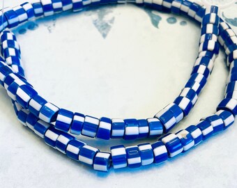 SALE Blue white striped Glass Beads-Tribal heishi Beads Striped Beads-Glass heishi Beads Glass Beads-Handmade Ethnic Beads-striped beads