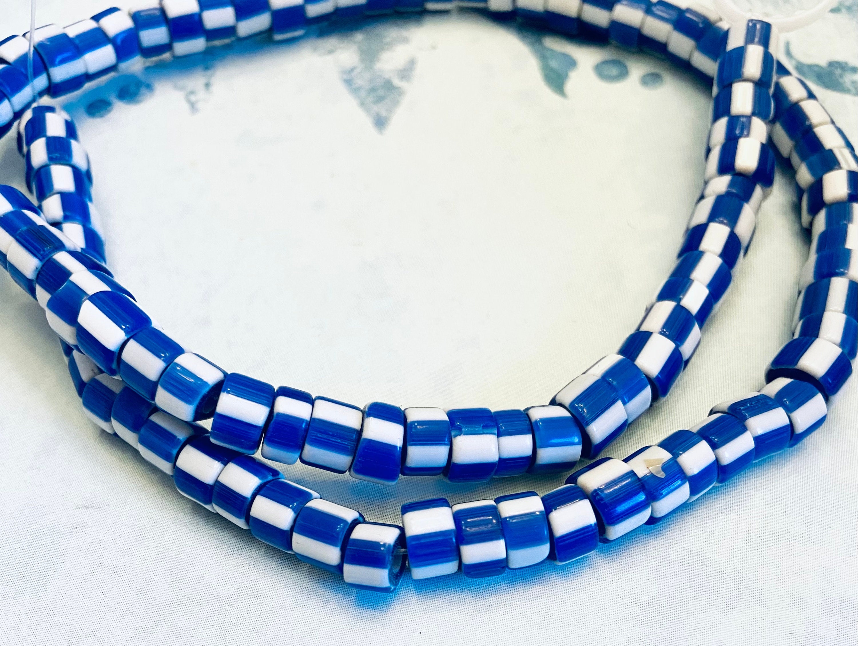 SALE Blue white striped Glass Beads-Tribal heishi Beads Striped Beads-Glass heishi Beads Glass Beads-Handmade Ethnic Beads-striped beads