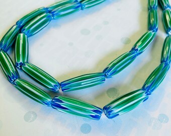 lot Tribal green white glass chevron beads-stripped tube  glass Beads, rustic glass Rainbow Beads-Fancy Ethnic tribal hippie beads
