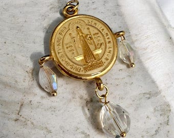 Large Enamel Saint Benedict gold plated medal-Catholic Medals-beaded pearl St Benedict medallion pendants -favors gift-baptism