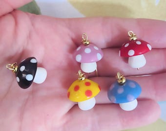 Lampwork glass mushroom pendants-polka dots mushrooms charms-wimsical jewelry making supplies-Cute mushroom pendants beads-fun pendants