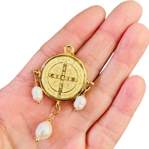 Large Enamel Saint Benedict gold plated medal-Catholic Medals-beaded pearl St Benedict medallion pendants -favors gift-baptism