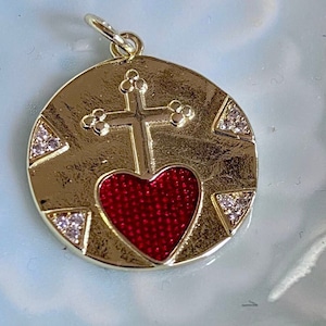 Enamel Sacred Heart coin pendant-enamel crowned sacred heart of Jesus charm-Corazon medalla-scapular metal charm-Catholic Religious findings