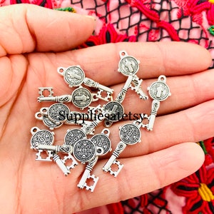 Sale Lot Catholic Medals-antique silver Medals Saint Benedict Key Charms-St Benedict catholic-protection medal charms-Catholic Saints