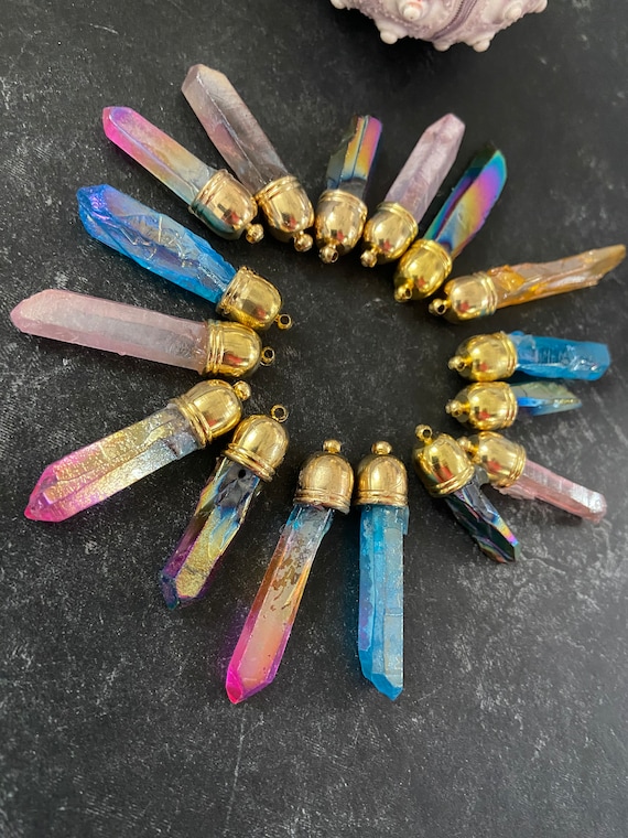 Sale Mystic Quartz Point pendants-Chakra Raw Cut Free Form Crystal charms-Titanium AB Coated Stick pendant-spires Tusk Spikes Pendant Hippie