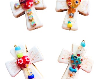 floral Mexican Cross Stone pendants-mix colored embellished cross magnets favors, Howlite folk cross floral pendant-jewelry charms
