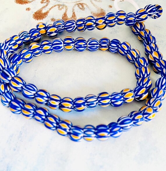 White Yellow Blue Striped Round Glass Beads-round Chevron Glass