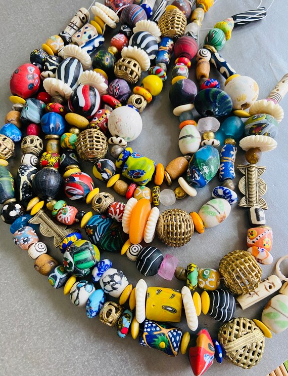 28 Slightly Graduated Mixed Krobo Tube Beads, Ethnic African Recycled Glass  Beads,boho Powder Glass Hand Painted Krobo Beads,african Beads 