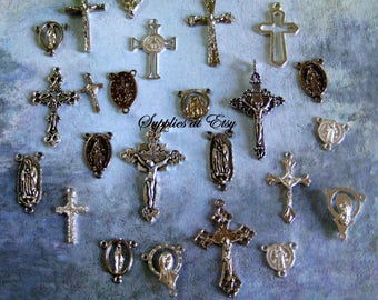 Sale Assortment Catholic Rosary Centerpiece and Crucifix-Crucifixes-Religious Medal connectors-Silver Rosary Findings-Diy Rosary making kit