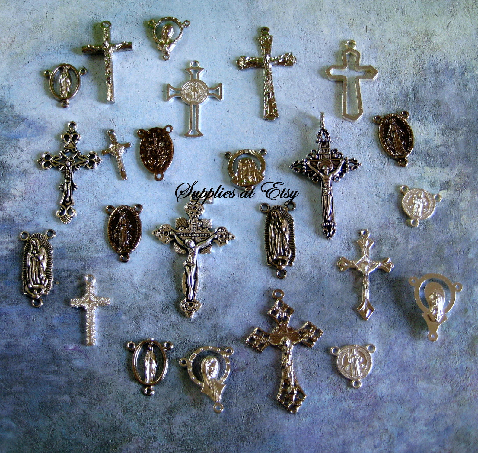 Sale Assortment Catholic Rosary Centerpiece and Crucifix-Crucifixes-Religious Medal connectors-Silver Rosary Findings-Diy Rosary making kit
