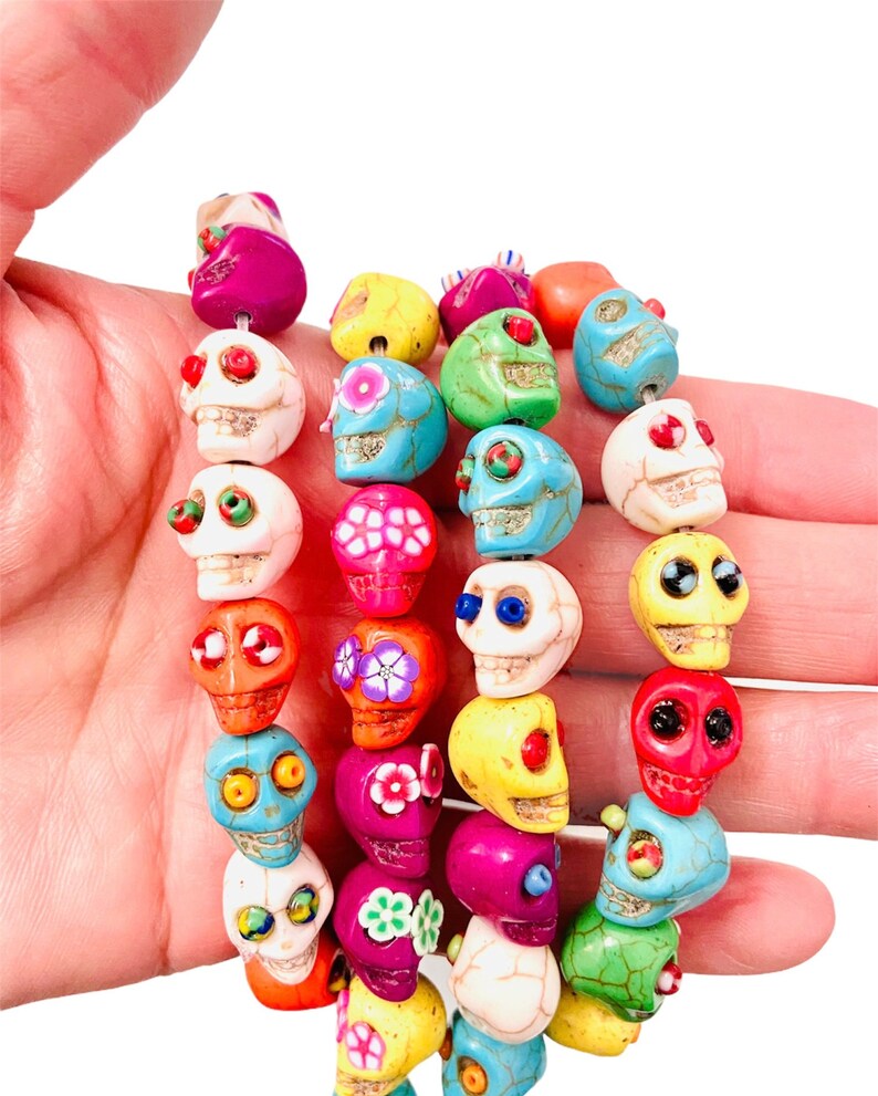 Sugar Skull Flower Eyes Beads- halloween beads-Multi-Colored embellished skull beads-dia de muertos beads, Mexican Folk, earrings making image 5