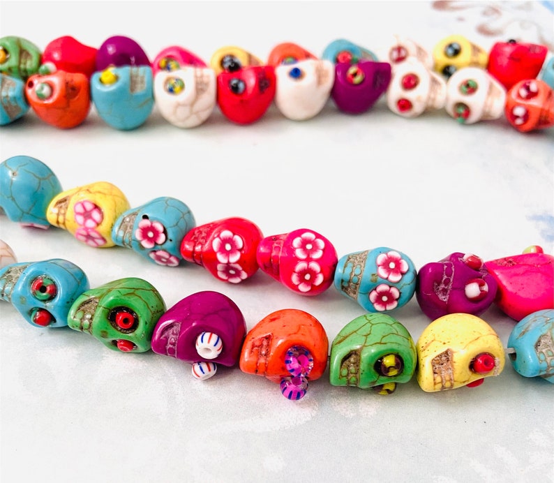 Sugar Skull Flower Eyes Beads- halloween beads-Multi-Colored embellished skull beads-dia de muertos beads, Mexican Folk, earrings making image 8