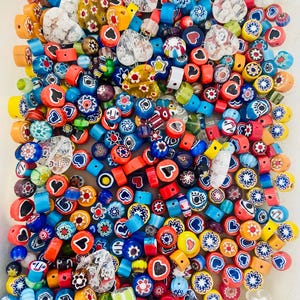 Unique rustic Random Millefiori Glass Beads-Floral beads-Millefiori Flat round glass bead-multicolored millefiori bead-happy face beads