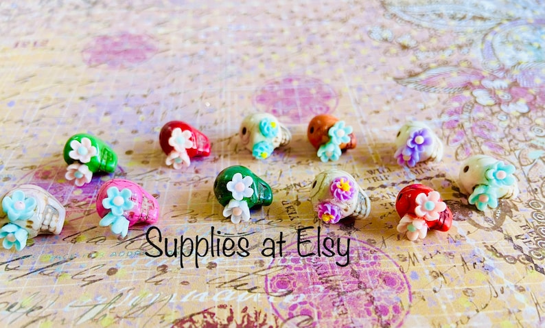 Sugar Skull Flower Eyes Beads- halloween beads-Multi-Colored embellished skull beads-dia de muertos beads, Mexican Folk, earrings making image 2