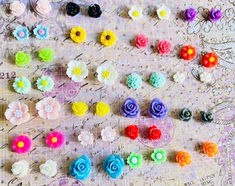 SALE-Post Flower earring Kit 150pcs-Assorted Resin Rose Cabochons (Assorted Colors sample pack)mini Rose resin cabochon stud earring Kit