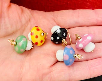 Lampwork glass mushroom pendants-polka dots mushrooms charms-wimsical jewelry making supplies-Cute mushroom pendants beads-fun pendants