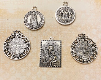 Sale Lot Assortment large Catholic Medals-antique silver St Benedict Medals Charms-Antiqued Silver Virgin San Benito medallas Madona