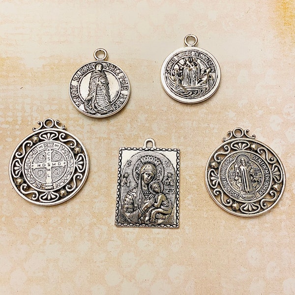 Sale Lot Assortment large Catholic Medals-antique silver St Benedict Medals Charms-Antiqued Silver Virgin San Benito medallas Madona