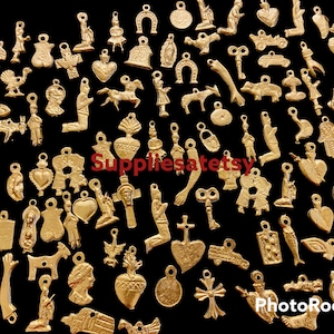 WholeSale Assortment Gold Milagros Charms,Milagros Hearts,embellishments Religious charms-Ex votos Medal Charms-exvotos heart charms