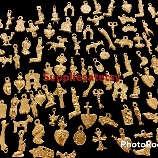 WholeSale Assortment Gold Milagros Charms,Milagros Hearts,embellishments Religious charms-Ex votos Medal Charms-exvotos heart charms